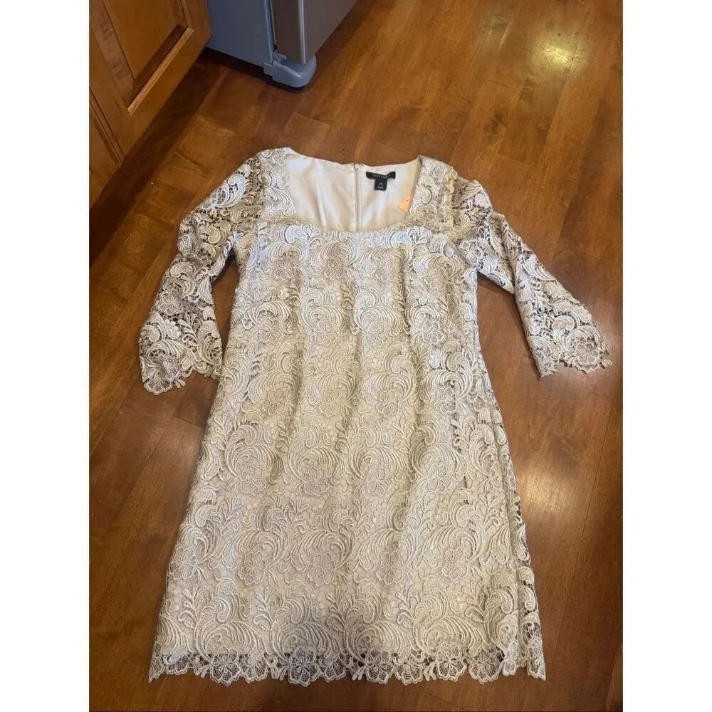White House Black Market Lace Sheath Dress Women’s Size 10 Taupe Champagne 3/4 S